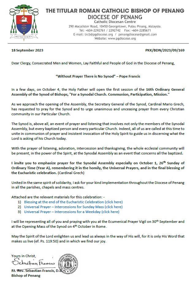 Invitation to pray for the Synod
