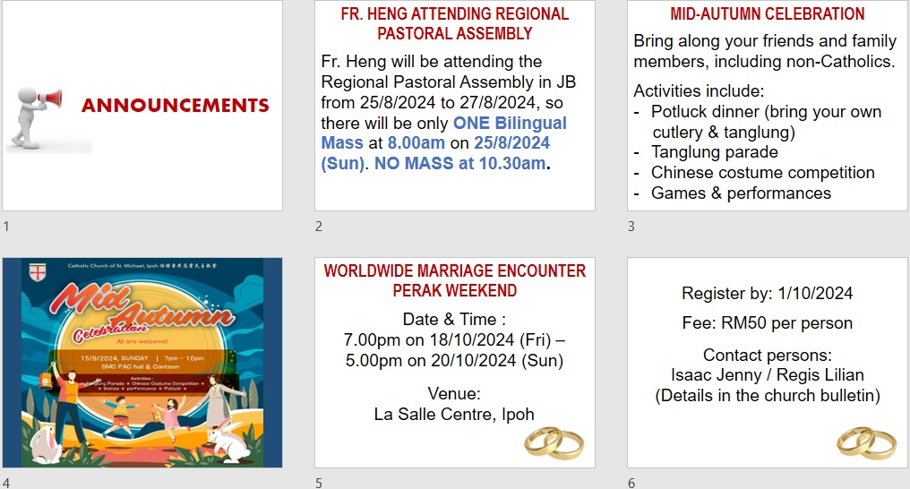 Announcements for 20th Sunday in Ordinary Time