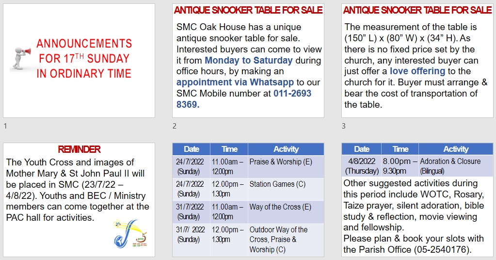 Announcements on 17th Sunday in Ordinary Time