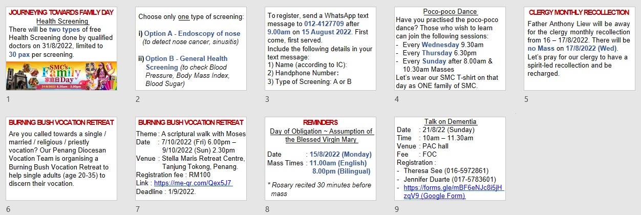 Announcements on 20th Sunday in Ordinary Time