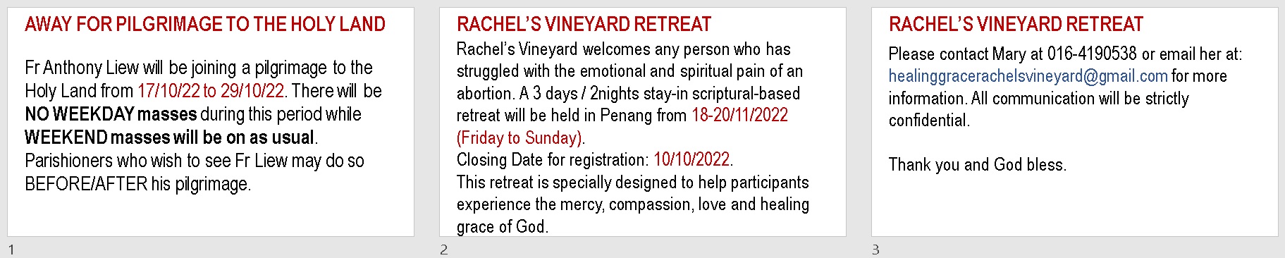 Announcements on 27th Sunday in Ordinary Time